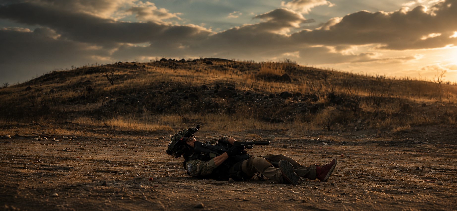 Fearless Patriot in tactical gear on open ground at golden hour